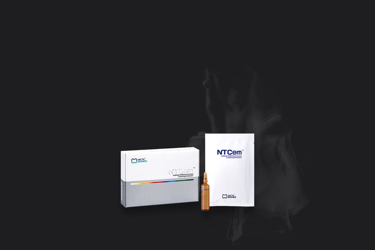 NTCem antibiotic PMMA bone cement — carton, sachet and ampoule